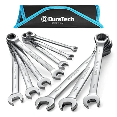 Afbeelding van DURATECH ratelsleutelset, 10 delig, 6 18 mm, steeksleutel combinatiesleutel combinatie met 72 tanden, 5 zwenkbereik, chroom vanadiumstaal, incl. Rolkoffer
