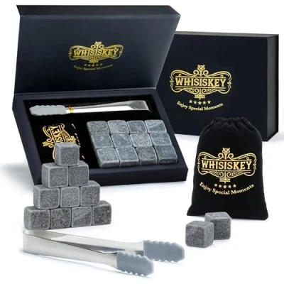Afbeelding van Whisiskey Luxe Whiskey Stones Set 12 stuks Natuursteen Stenen Fluwelen Opbergzak Herbruikbare Ijsblokjes