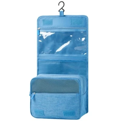 Afbeelding van AiQInu toilettas, opvouwbaar, grote reizen, Voor mannen en vrouwen, multifunctioneel, waterdicht, cosmeticatas, reisorganizer met haken, Hemelsblauw, thuis