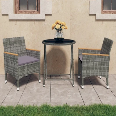 Afbeelding van 3 delige Bistroset poly rattan en gehard glas grijs