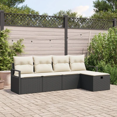 Afbeelding van vidaXL 5 delige Tuin Sofa Set met Kussens Zwart Poly Rattan, 2 Persoons Rattan