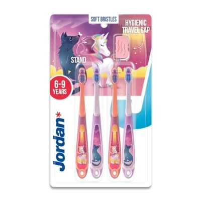 Afbeelding van Jordan ® Step 3 Kindertandenborstel, tandenborstel voor kinderen van 6 tot 9 jaar, zachte borstelharen, ergonomische en BPA vrije dubbele handgreep, kleur roze blauw, verpakking 4 stuks