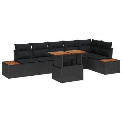 Afbeelding van vidaXL 7 delige tuinset met kussens in zwart poly rattan en acacia