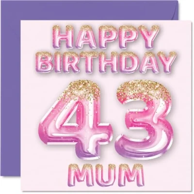 Afbeelding van 43e verjaardagskaart voor mama roze en paarse glitterballonnen gelukkige verjaardagskaarten 43 jarige moeder, moeder van zoon dochter, 145 mm x cadeau