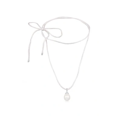 Afbeelding van Elli Dames Halsketting druppel hanger strik met schelpkern parel en satijn wit in 925 sterling zilver