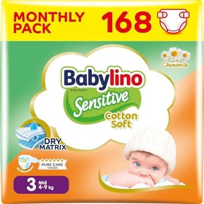 Afbeelding van Babylino Sensitive Cotton Soft, Luiers, Maat 3, Midi (4 9 kg), 168 Stuk