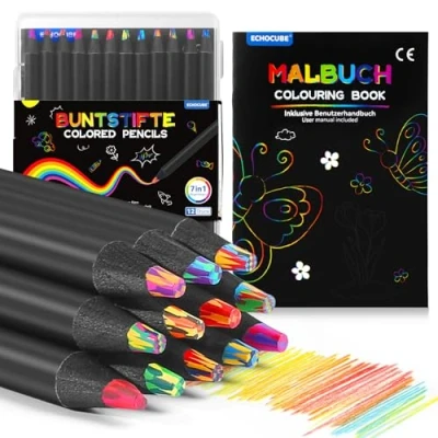 Afbeelding van ECHOCUBE 12 stuks regenboogkleurpotloden, 7 in 1 kleurpotloden voor kinderen om te tekenen en schrijven, knutselbenodigdheden kinderen, veelkleurige houten stiften feestzakjes