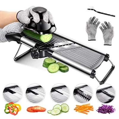 Afbeelding van Masthome Mandoline groentesnijder, 5 in 1 mandolinesnijders met verstelbaar ingebouwd roestvrijstalen mes, professionele Julienne snijmachine voor aardappel ui kool, snijbestendige handschoenen en