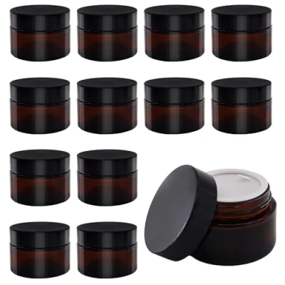 Afbeelding van TOKSEO Amber glas, lege doos, 30 ml, zalfpotjes, crèmepotjes om te vullen, bruine glazen container met deksel en liner voor cosmetica, crèmes, lotions, etherische oliën, 12 stuks