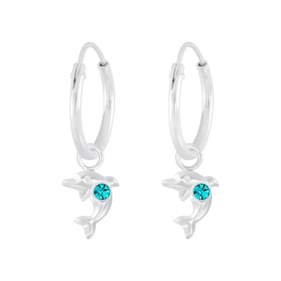 Afbeelding van JoyS Zilveren dolfijn bedel oorbellen kristal turquoise blauw oorringen