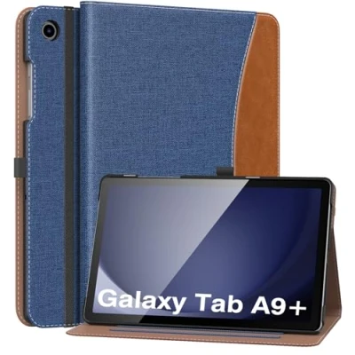 Afbeelding van MoKo Case for Samsung Galaxy Tab A9 Plus 11&quot; 2023 (SM X210/SM X216/SM X218), PU Leather Multi Angle Viewing Folding Stand Cover with Hand Strap, Front Pocket, Auto Wake/Sleep, Denim Blue &amp; Brown