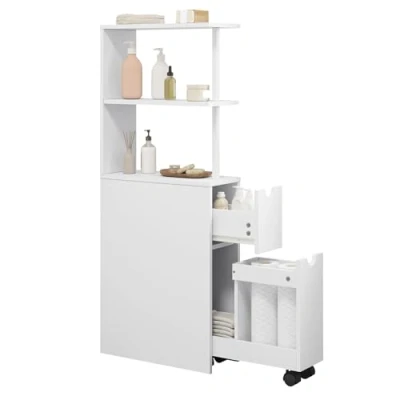 Afbeelding van EUGAD Niche kast voor badkamer, met lade op wieltjes, open planken, badkamerkast, smal, zijkast, keukenkast, multifunctionele kast, wit, 19 x 113 45 cm (b h d)