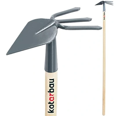 Afbeelding van KOTARBAU® Dubbele hak hartblad 80 x 100 mm 3 tanden 110 met steel 112 cm tuinhak plantenhak onkruid tuingereedschap voor verplanten wieden tuinverzorging