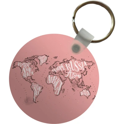 Afbeelding van Sleutelhanger Wereldkaart Roze Wit Letters Plastic Rond Uitdeelcadeautjes