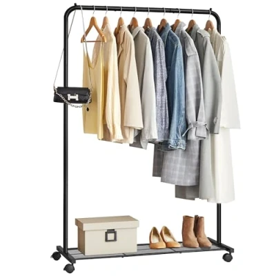 Afbeelding van SONGMICS Kledingrek, kledingstang op wieltjes, metalen kapstok, verplaatsbare garderobe, 91 cm breed, met plank, 2 wielen rem, stang tot 40 kg belastbaar, zwart, HSR25BK