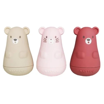 Afbeelding van Nattou Spuitfiguren van siliconen, 3 badspeelgoeddieren voor de badkuip, BPA vrij, roze/beige/rood