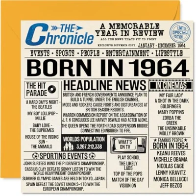 Afbeelding van 60e verjaardagskaarten voor mannen vrouwen geboren in 1964 krant Happy 60 verjaardagskaart opa oma Nan vintage retro terug 1964, 145 mm x zestigste verjaardag wenskaarten