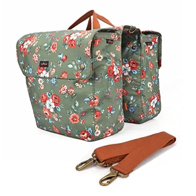 Afbeelding van Tourbn TOURBON Waterdichte canvas fietstassen, bagagetas voor achterop de fiets, dubbele oprolbare fietstas, (Bloemenpatroon), Groen, 33x12,5x30 cm (T TB748CA FL)