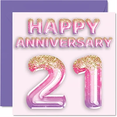 Afbeelding van Mooie 21e verjaardag kaart voor vrouw vriendin man vriend roze paarse glitter ballonnen gelukkige 21 kaarten van familie, 145mm x wenskaarten eenentwintigste jubilea