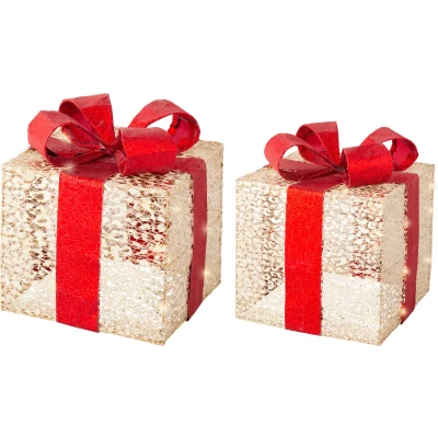 Afbeelding van Cadeauset Wit Met Rood Lint en Strikken Verlichting Set van 2