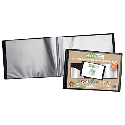 Afbeelding van eco A5 50% gerecycled 20 Pocket Zwart Landschap Presentatie Display Book, Storage Case Portfolio Art Folder met plastic mouwen, eco094