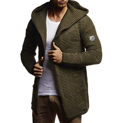 Afbeelding van Leif Nelson gebreid vest voor heren, lang met capuchon en ritssluiting, sweatjack, cardigan de winter, Kaki, XXL