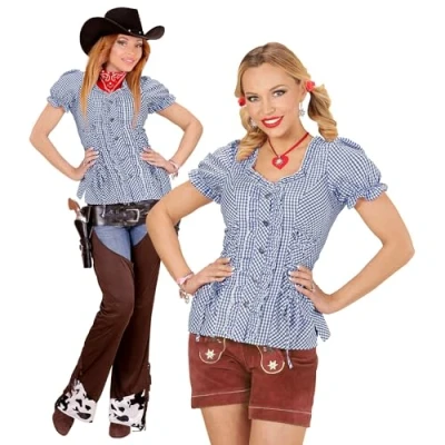 Afbeelding van Widmann Boeren Tirol &amp; Oktoberfest Kostuum Geblokte Blouse Blauw / Wit Cowboy Vrouw Small Bierfeest Verkleedkleding