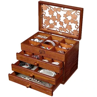 Afbeelding van Changsuo Houten juwelendoos voor vrouwen met, laden, middelgrote sieraden opslag organizer