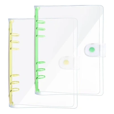 Afbeelding van DY.2ten 2 stuks transparante zachte PVC 6 ring ringband cover met drukknoop sluiting voor gaten planner pagina&#039;s navulling insert (A5, omslag + geel/groene bindmiddel)