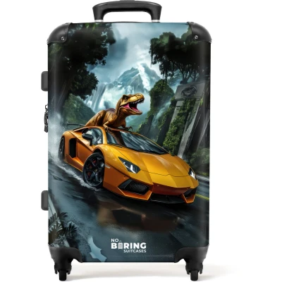 Afbeelding van NoBoringSuitcases.com® Kinderkoffer jongen Kindertrolley jongens T Rex op oranje sportauto in regenachtig woud Koffer kind groot Rolkoffer lichtgewicht Reiskoffer met 4 wielen Grote trolley XL 20 kg bagage