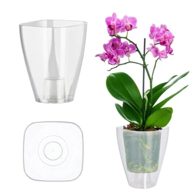 Afbeelding van KADAX Bloempot, slanke orchideeënpot, eenvoudige plantenbak, bloempot voor orchidee, Moeras Madeliefjes, plantenbak keuken en woonkamer (? 12 cm, vierkant, transparant)