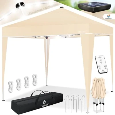 Afbeelding van KESSER® Paviljoen, vouwpaviljoen, 3 x m, met ledverlichting, afstandsbediening op zonne energie, tuintent, in hoogte verstelbaar en waterdicht, tas, vloeranker, pop up kliksysteem,