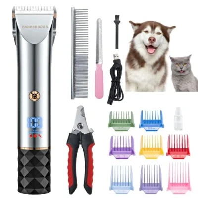 Afbeelding van BarberBoss dierverzorgingsset Geluidsarme tondeuse voor honden met 2 snelheidsinstellingen, keramische bladen, USB opladen, LED display en 8 opzetkammen, QR 9081