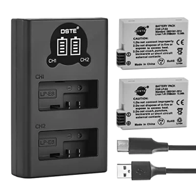 Afbeelding van DSTE LP E8 vervangende batterij (2 pack) en Smart LED Dual USB lader compatibel met Canon EOS 550D 600D 650D 700D Kiss X4 X5 X6i X7i Rebel T2i T3i T4i T5i
