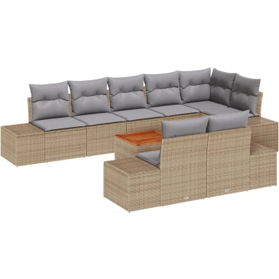 Afbeelding van vidaXL 9 Delige Tuin Sofaset met Kussens Beige Poly Rattan Acacia