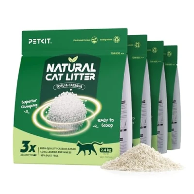 Afbeelding van PETKIT Nieuwe Tofu Kattenbakvulling, 9.6kg, Klonterende Tapioca 100% Natuurlijk, Super Absorberend, Geurbestrijding, Stofvrij, Uitspoelbaar, 2,4kg, 4 Zakjes