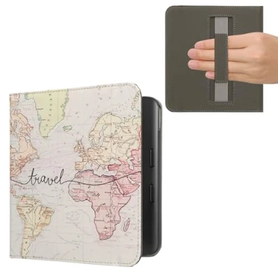 Afbeelding van kwmobile E reader hoesje geschikt voor Kobo Libra Colour hoes flip case met magneetsluiting Ereader cover Travel Wereldkaart design in zwart / meerkleurig