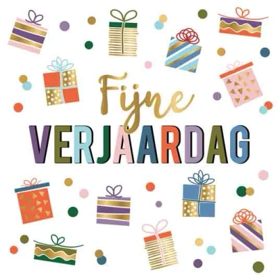 Afbeelding van wenskaart XL groot vierkant Fijne verjaardag hartelijk gefeliciteerd felicitatie 23 x cm gouden envelop