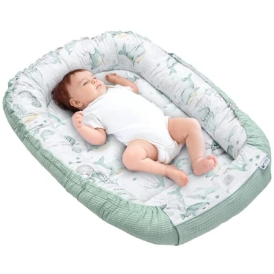 Afbeelding van Medi Partners Babynest Knuffelnest 100% Katoen Wafel Reisbedje Voor baby&#039;s Zuigelingen 100x60x15cm Veilige sluiting (Oceaan met munt Wafel)