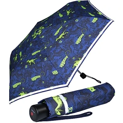 Afbeelding van Knirps 4Kids opvouwbare kinderparaplu met reflecterende rand, neonkleurige dino&#039;s, 90 cm, speels