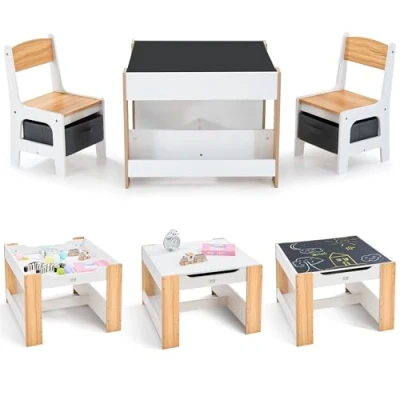 Afbeelding van Baby Vivo Kinderzitgroep kindertafel Maltafel kindertafelgroep met opbergruimte en boekenplank aan 2 zijden kindermeubel kinderkamer set multifunctionele tafel stoelen van hout Mia