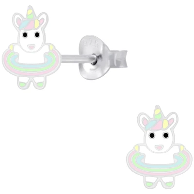 Afbeelding van JoyS Zilveren eenhoorn met hoelahoep oorbellen 7 x 9 mm unicorn oorknoppen