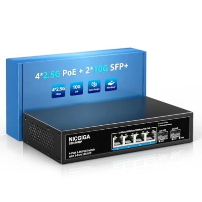 Afbeelding van NICGIGA 4 Port 2.5G PoE Switch Unmanaged with x 2.5Gb Base T PoE+@78W + 2 10G SFP Uplink, 2.5Gbe IEEE802.3af/at Power Over Ethernet Switch, Support WiFi6 AP, NAS, 4K Camera NVR.
