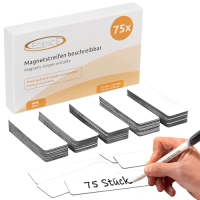 Afbeelding van ECENCE 75 Magneetstrips beschrijfbaar 75x25mm Wit kleefstrips om op maat te snijden uitwisbare magneetplaten Magneetetiketten voor whiteboards, koelkasten, magneetbord