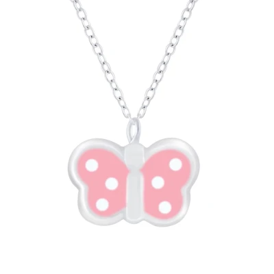 Afbeelding van JoyS Zilveren vlinder hanger met ketting 35 cm + 5 extension roze witte stippen