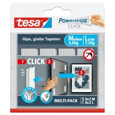 Afbeelding van tesa Powerstrips CLICK Zelfklevende Strips voor Vast en Losklikken van Fotolijsten Wanddecoratie zonder te Boren Kleefstrips met ON OFF Kliksysteem 6 x 2 M, 8 L