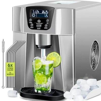 Afbeelding van Kesser® ijsblokjesmachine roestvrij staal 100W 12kg in 24h met 2 ijsblokjesformaten bereidingstijd 6min. waterreservoir van 2L timer LCD display zelfreinigende functie incl. rietjes