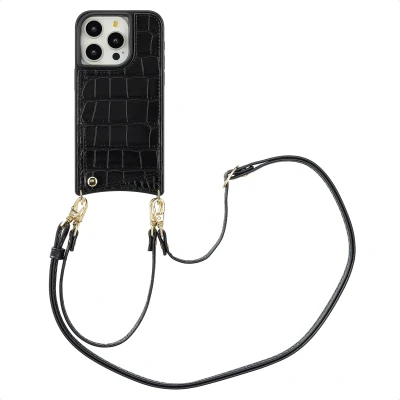 Afbeelding van Selencia Hoesje Geschikt voor iPhone 15 Pro met Pasjeshouder Nova Croco Backcover koord en pashouder Zwart