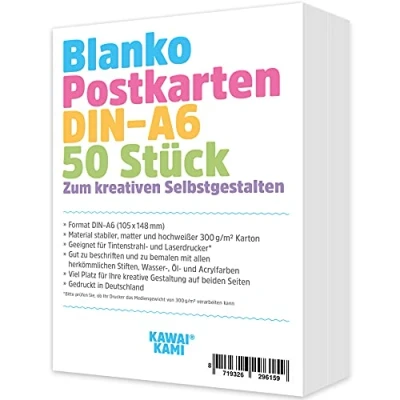 Afbeelding van Blanco Ansichtkaartenset, kaarten om zelf vorm te geven, beschilderen, beschrijven, tekenen, schilderen, bedrukken, ansichtkaart van wit karton, 50 kaarten, 300 g DIN A6
