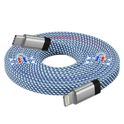 Afbeelding van Magtame Magnetische USB C naar Light ning kabel, 1,5 m, iPhone platte MFi gecertificeerd, oprolbare snellader van nylon, voor 14, 13 Pro, Max, 12, 11, XR, XS, X 8 Plus SE